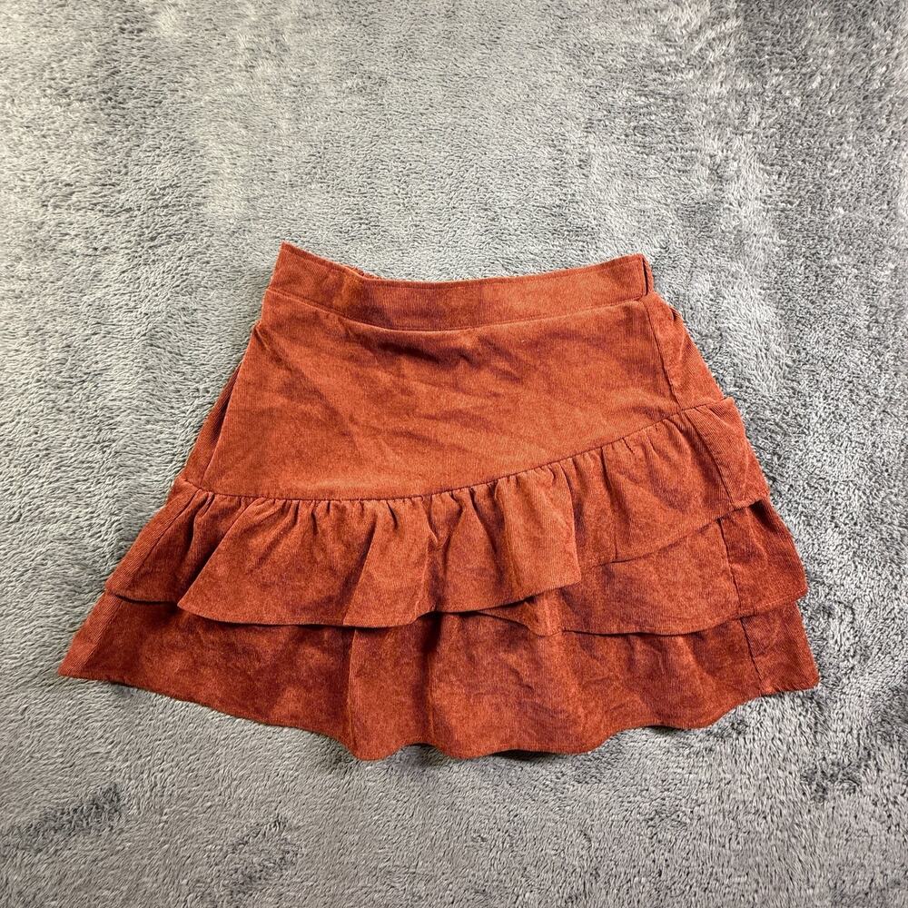 New In Womens M Rust Orange Corduroy Tiered Ruffle Mini Skirt Stretch Fit